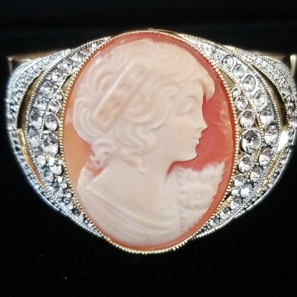 Amedeo Cameo Rhinestone Gold Tone Cuff Bracelet - Picture 9 of 16